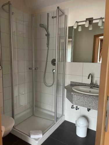 a bathroom with a shower and a sink at Hotel Zur Mosel in Minheim