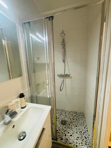 une salle de bain avec douche et lavabo dans l'établissement Cosy Appart - Plage à 2min - Casino à 1min, à Trouville-sur-Mer