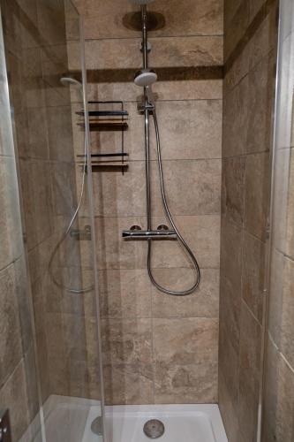 une douche avec une porte vitrée dans une salle de bain dans l'établissement l'Igloo, à Villard-Reculas