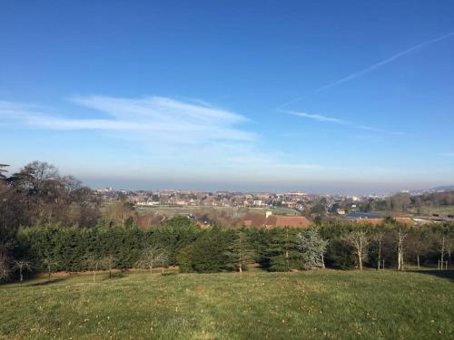 un champ verdoyant avec des arbres et une ville en arrière-plan dans l'établissement Amazing house - Sea view - Deauville, à Tourgéville