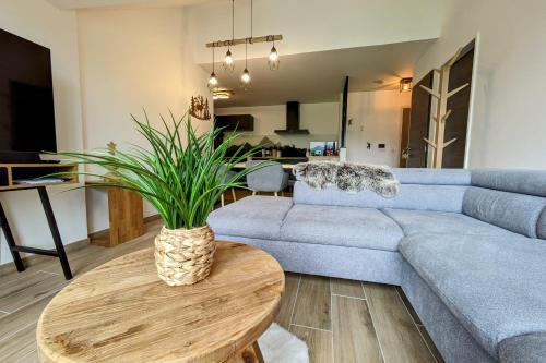 un salon avec un canapé bleu et une table dans l'établissement O'Cimes magnifique appartement, à La Féclaz