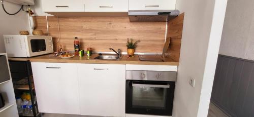 une petite cuisine avec un évier et un micro-ondes dans l'établissement La Mouette 2 pièces rénovées et climatisé 300 plage et commerces, au Grau-du-Roi