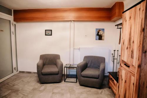 two chairs and a table in a room at Alpakas, Lamas und Rentiere zum Grünen See in Grossdorf