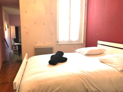 un lit avec un chapeau noir installé au-dessus dans l'établissement MAISON CHOLLET - Centre - Prox. Thermes - Terrasse, à Vichy