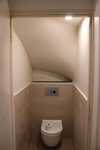 Elle comprend une petite salle de bains pourvue de toilettes et d'un lit. dans l'établissement Le relais, à Prémeaux