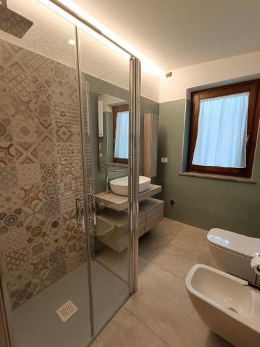 a bathroom with a shower and a toilet and a sink at Chez Maison Grande in Aosta