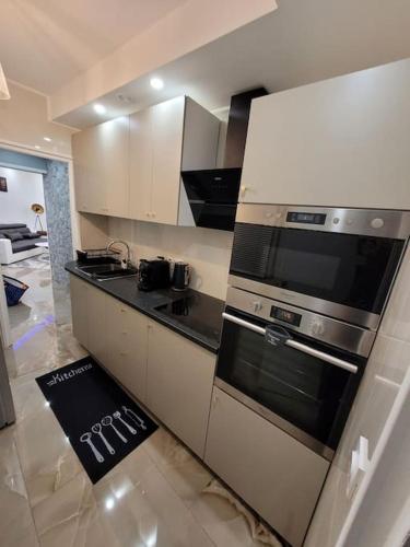 Il comprend une cuisine équipée d'une cuisinière en acier inoxydable. four supérieur dans l'établissement appartement design limite Paris métro 13et14 JO 2024, à Saint-Ouen