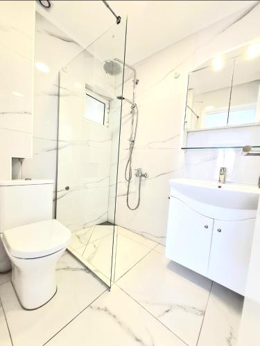 a white bathroom with a shower and a toilet at Domus Dulcis Domus in Hersonissos