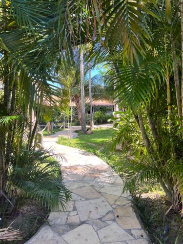 a stone path through a garden with palm trees at Pousada Vila Parnaíba in Parnaíba