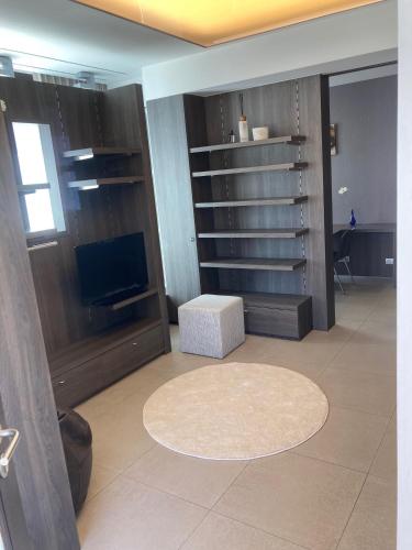 a living room with a tv and a carpet at Studio Boniche 1 bedroom 1 slaapkamer in Zeebrugge