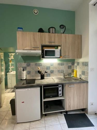 une cuisine avec un évier et un micro-ondes dans l'établissement City center Quiet Studio, à Angers