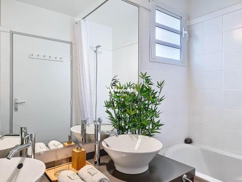 a bathroom with a bowl sink and a plant in it at Douceur Exotique - 2 chambres - piscine partagée - centre-ville de Saint-Pierre in Saint-Pierre