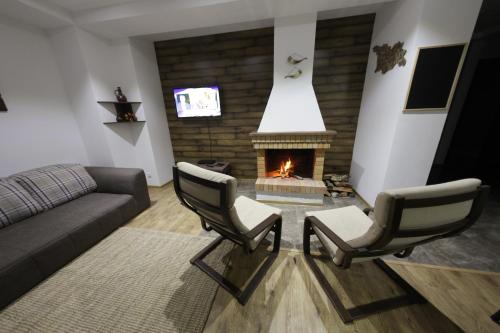 a living room with a couch and a fireplace at Mountain Cricket Chalets and Apartments Gudauri in Gudauri
