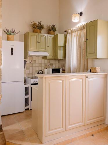 a kitchen with green cabinets and a white refrigerator at Tonia's Cottage in Arkalochori