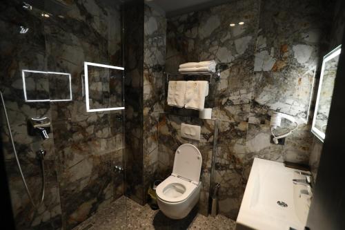 a bathroom with a toilet and a sink at Toka Hotel Restaurant in Pogradec
