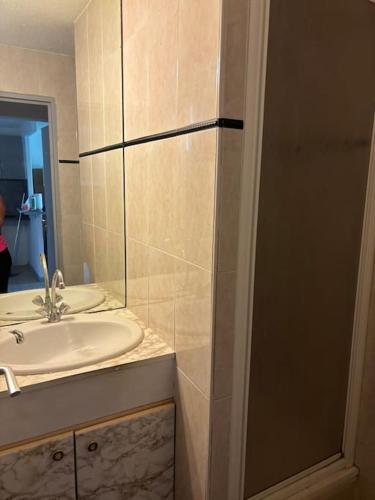 une salle de bain avec un lavabo et un miroir dans l'établissement CAP proche naturiste, au Cap d'Agde
