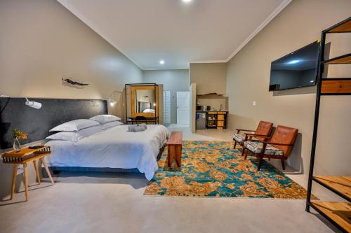 a bedroom with a large bed and a tv at Blue Rain Guest House in Bloemfontein