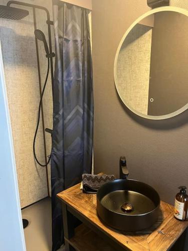 a bathroom with a black sink and a shower at Koia Guesthouse in Flesberg