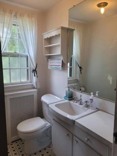 a bathroom with a toilet and a sink and a mirror at On the Water Spacious Comfortable Historic House in West Haven