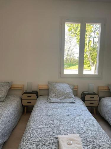 une chambre avec deux lits jumeaux et une fenêtre dans l'établissement La moderne Villa Proche Luma, à Arles