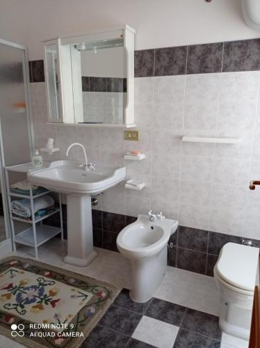 a bathroom with a sink and a toilet and a mirror at Montagne Rocciose in Frascineto
