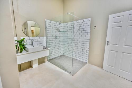 a bathroom with a shower with a sink and a mirror at Blue Rain Guest House in Bloemfontein