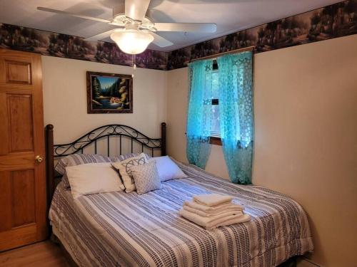 een slaapkamer met een bed met blauwe gordijnen bij Lake Congamond Suffield House in Granby