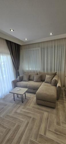 a living room with a couch and a coffee table at Deluxe Apartmani Vila Pejovic Sutomore in Sutomore
