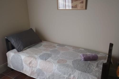 a small bedroom with a bed with a purple pillow at Villa le Roche du Ris - 10-12 personnes in Baraize