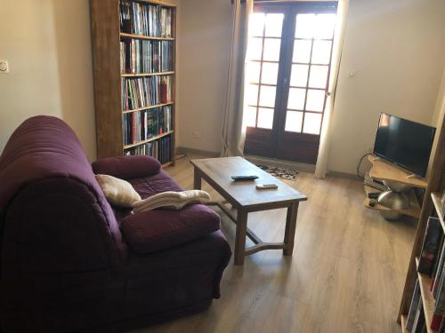 un salon avec un canapé et une table basse dans l'établissement La Respelido studio ds maison campagne, à Cabannes