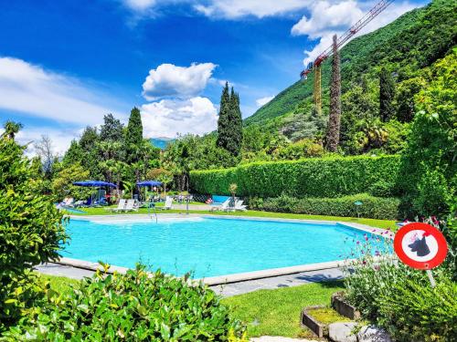 a swimming pool in a garden with a hill in the background at Apartment Lago di Lugano Relax Apt-604 by Interhome in Bissone
