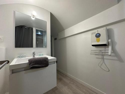 une salle de bain blanche avec un lavabo et un miroir dans l'établissement Viens dans mon beau jardin ! 012, à Rouen