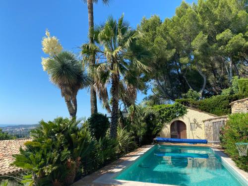 une piscine dans une cour avec des palmiers dans l'établissement Mougins Village grand studio, avec piscine vue mer partagée, à Mougins