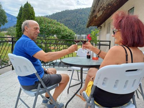 a man and a woman sitting at a table drinking wine at Apartma Ginga in Osilnica