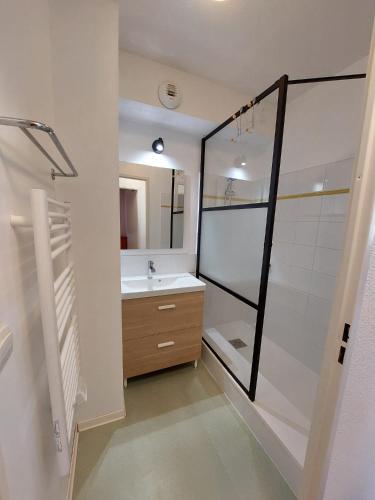 une salle de bain avec une douche, un lavabo et un miroir dans l'établissement Résidence mille soleils, à Font-Romeu