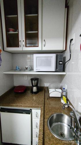 a kitchen counter with a sink and a microwave at Flat Cavalinho Branco - Apto 509 in Águas de Lindóia