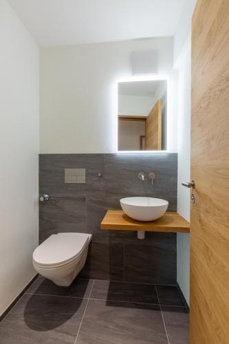 a bathroom with a white toilet and a sink at Koller Furggahorn by Arosa Holiday in Arosa