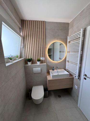 a bathroom with a sink and a toilet and a mirror at Villa Plesa with office and private pool in Povljana