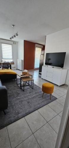 a living room with a couch and a tv at Le cocon de soie Superbe T3 à Vaulx en Velin in Vaulx-en-Velin