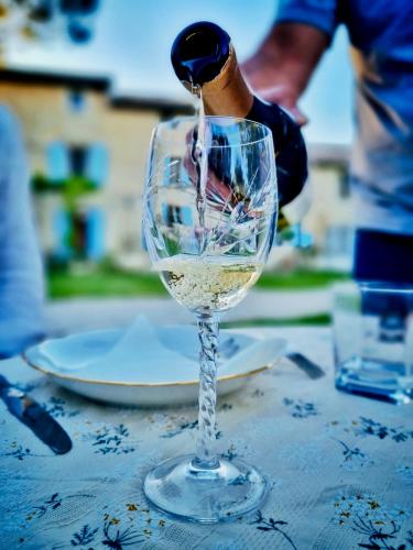 a person is pouring wine into a wine glass at Domaine de La Brave in Pernes-les-Fontaines
