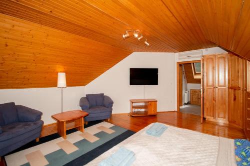 a living room with a bed and a tv at Levendula Villa in Balatonőszöd