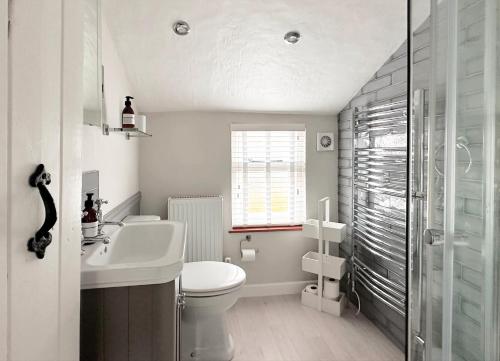 a bathroom with a sink and a toilet and a window at Lavender Cottage, Clare in Clare
