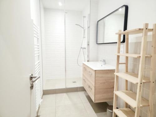 a bathroom with a shower and a sink and a mirror at Le Jardin d'Eden in Ay-sur-Moselle