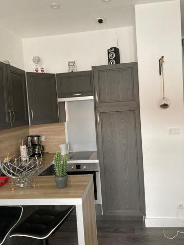 une cuisine avec des armoires noires et un comptoir dans l'établissement Résid Azur, à Saint-Jean-de-Monts