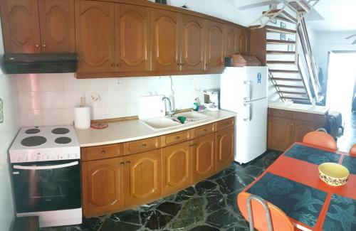 a kitchen with wooden cabinets and a sink and a refrigerator at Lovely maison house 50m from the beach at Nea Flogita in Flogita