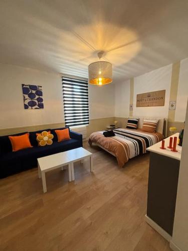 a living room with a bed and a couch at City center Centre Ville, WIFI, 4 personnes Max in Épernay