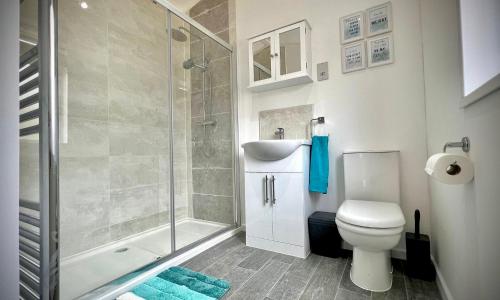 a bathroom with a shower and a toilet and a sink at Rolo's Lakeside Lodge With Hot Tub & Hi-Speed Wifi in Stamford