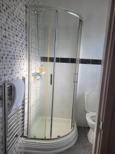 a shower stall in a bathroom with a toilet at The Gatwick White House Hotel in Horley