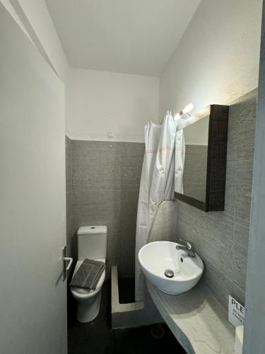 a bathroom with a sink and a toilet at Deep Blue Rooms & Apartments in Mylopotas
