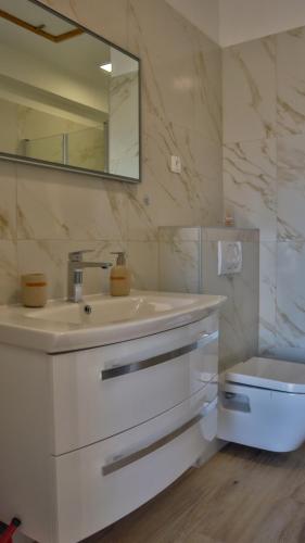 a white bathroom with a sink and a mirror at Apartment Tome in Vrh